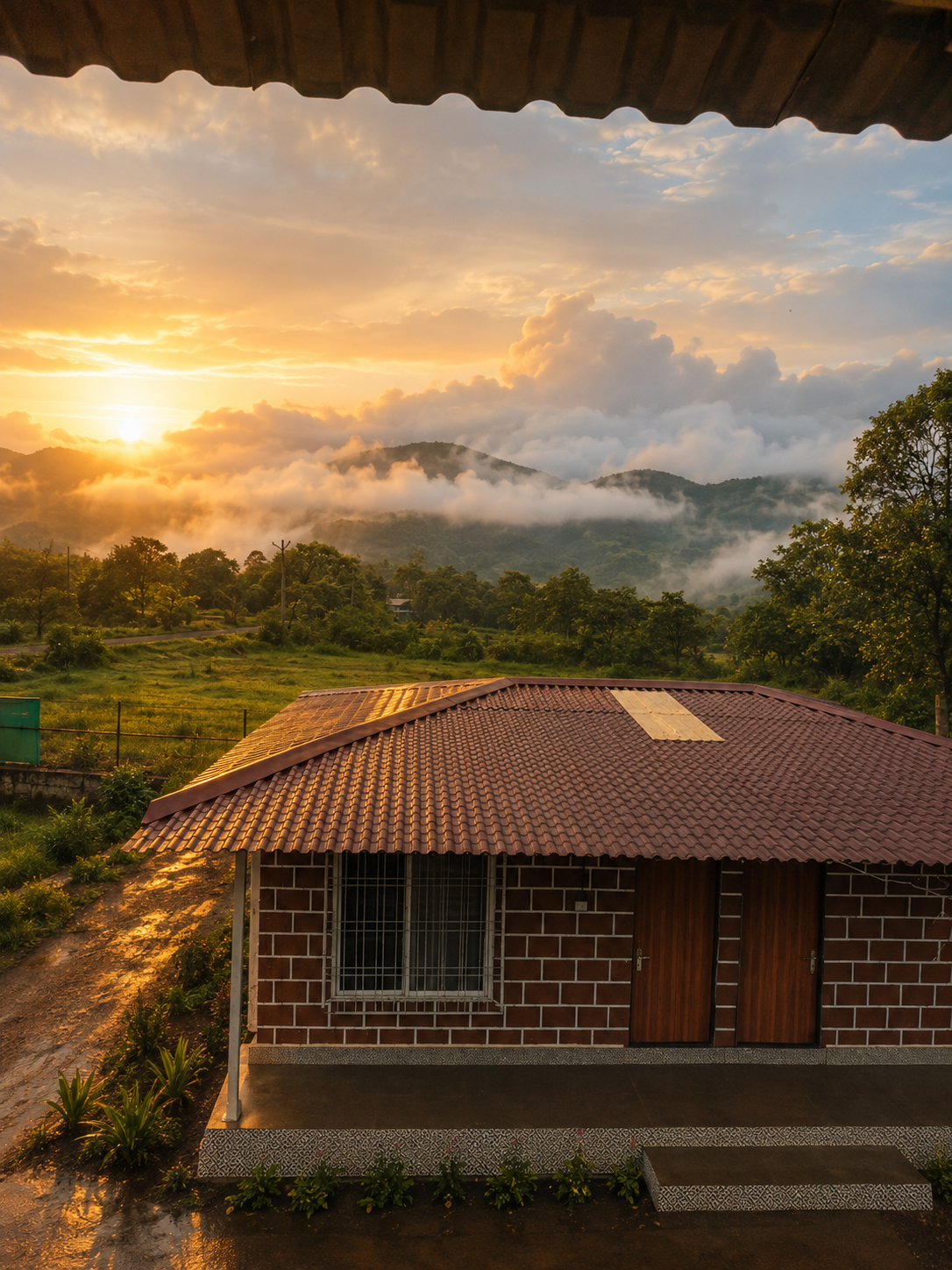 Cottage building at sunset at Aura Resort near Bhor